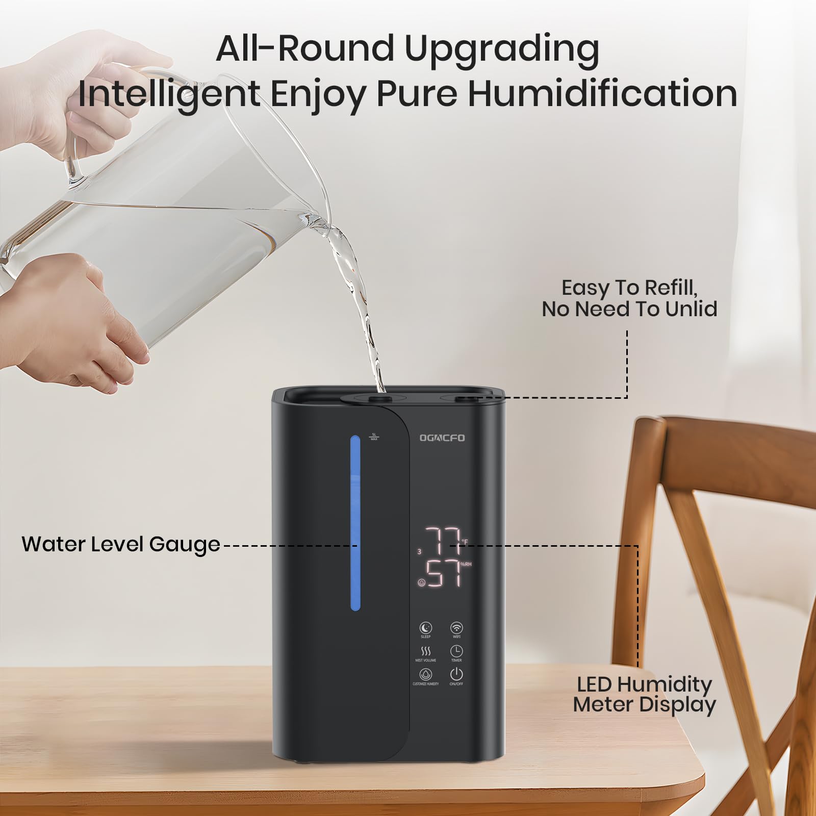 OGACFO 5L Cool Mist Humidifiers for Bedroom Large Room, Top Fill Ultrasonic Smart Air Humidifier for Baby & Plants with Essential Oil Diffuser, 50H Runtime 28 dB Quiet Baby Humidifier