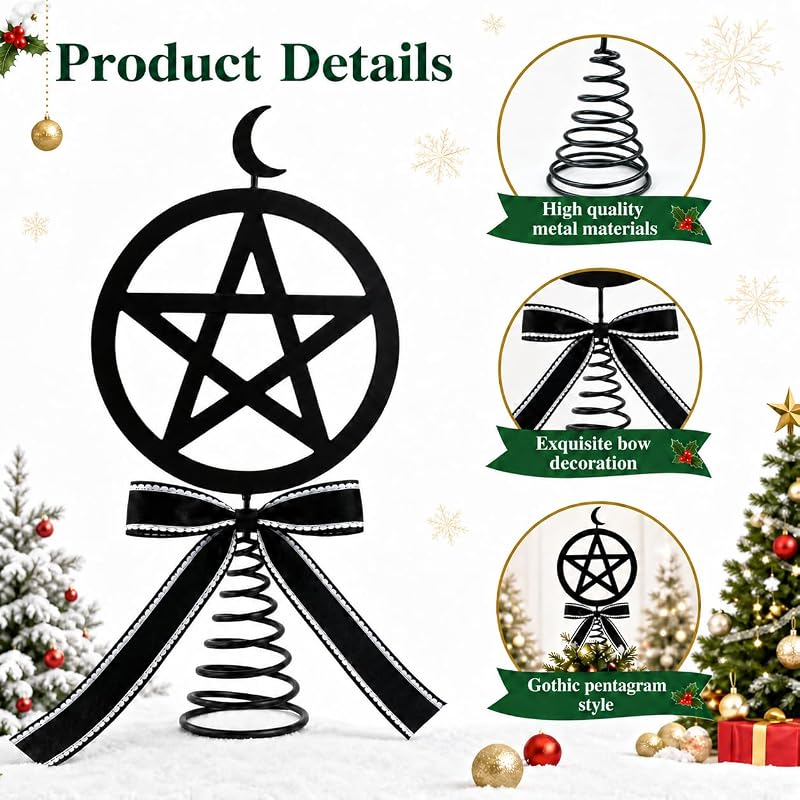 14 Inch Black Gothic Pentagram Tree Topper with Crescent Moon and Bow