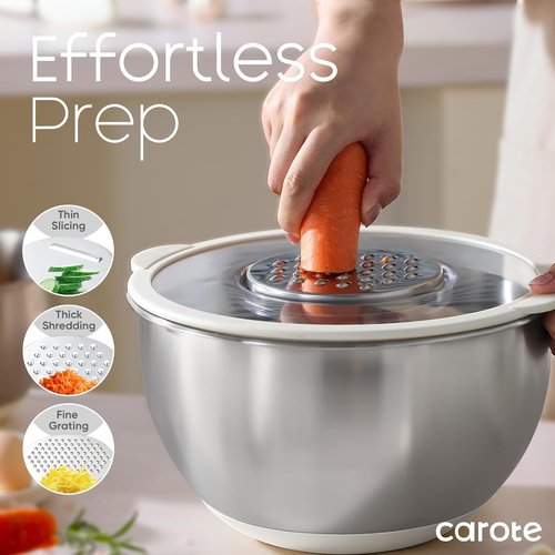 CAROTE Stainless Steel Mixing Bowls Set - 12 Pcs with Airtight Lids & Grater Attachments | Non-Slip Bottoms