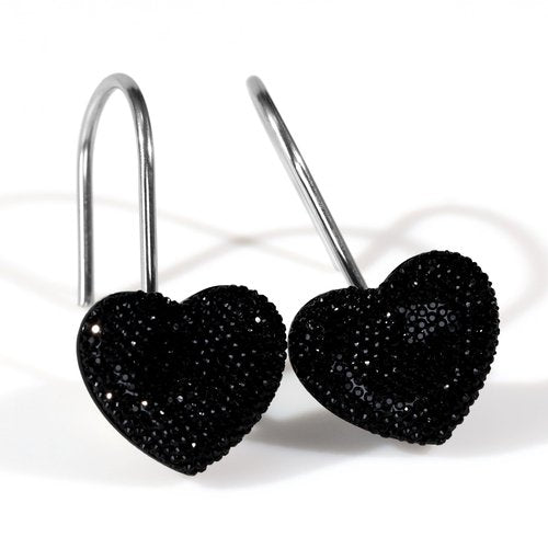 Black Heart Shower Curtain Hooks: Sparkling Shower Hooks with Crystal Rhinestones - Stainless Steel Shower Rings Hangers for Gothic Bathroom Decor for Halloween Christmas Valentine's Day