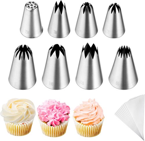 Kasmoire 8Pcs Large Piping Tips Set - Stainless Steel Icing Tips with 10 Pastry Bags for Cake Decorating