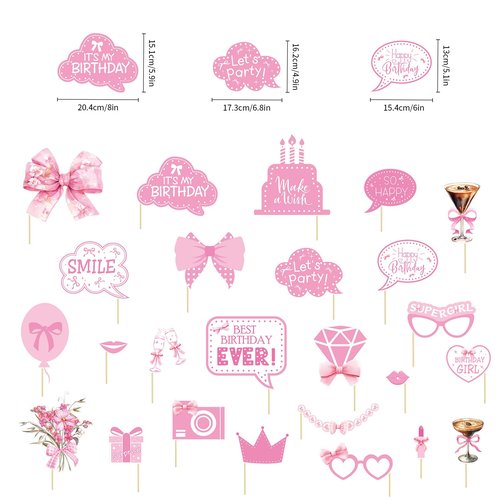 Pink Party Decorations Photo Booth Props Signs,25pcs Pink Birthday Decorations Selfie Props with Sticks for Women Coquette Birthday Decorations Supplies Decor Favors