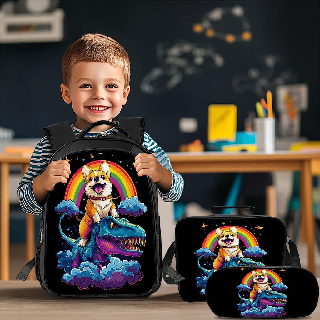 Snapjet Cute Corgi Dinosaur Backpack 3PCS 16" Preschool Elementary Schoolbag with Lunch Box Pencil Case Bookbag Set for Girls Boys Kids Children Teens School Students
