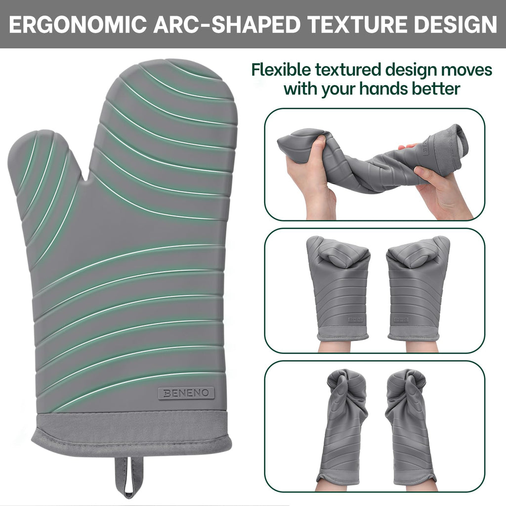 Beneno BPA-Free Silicone Oven Mitt 2-Pack Set, Heat Resistant 500°F Oven Mitts with Non-Slip Grip, Soft Thicker Lining, 7"x13", Gray