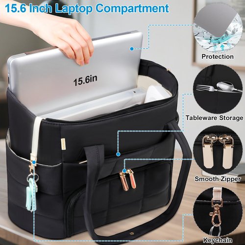Partreko Work Laptop Tote Bags with Insulated Lunch Compartment& Clutch Purse, Lightweight Puffer Lunch Tote Bag with 15.6 Inch Laptop Compartment for Women Daily Business Office Teacher Nurse (Black)