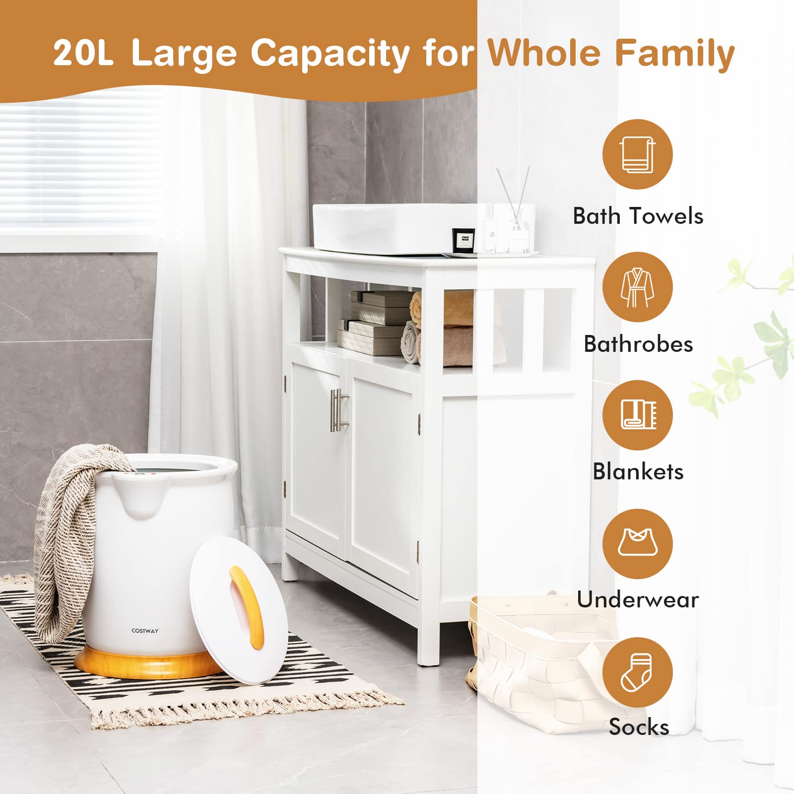 COSTWAY Bucket Style Towel Warmer,Fragrance Holder, Fits up to Two 40” x 70” Oversized Towels, Bathrobes, Blankets, Auto Shut Off, Luxury Towel Warmer for Bathroom, Spa