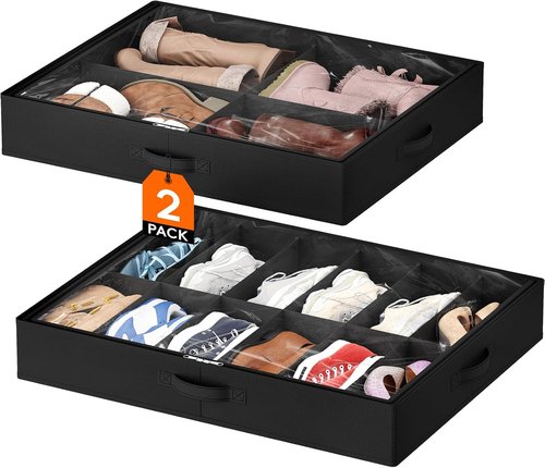 Lifewit Under Bed Shoe Storage Organizer - 2 Pack for 12 Pairs + 4 Pairs | Foldable Fabric Boxes with Clear Cover - Black