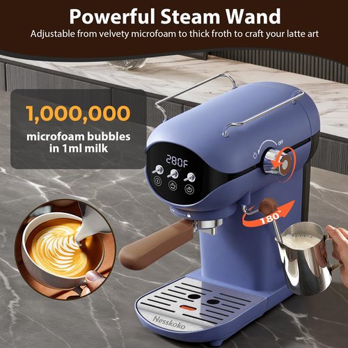 Nesskoko Espresso Machine with Steam Milk Frother Semi Automatic 20 Bar Compact Blue with Toggle Switch for home Cafetera Espresso, Latte, Cappuccino, Americano, Macchiato