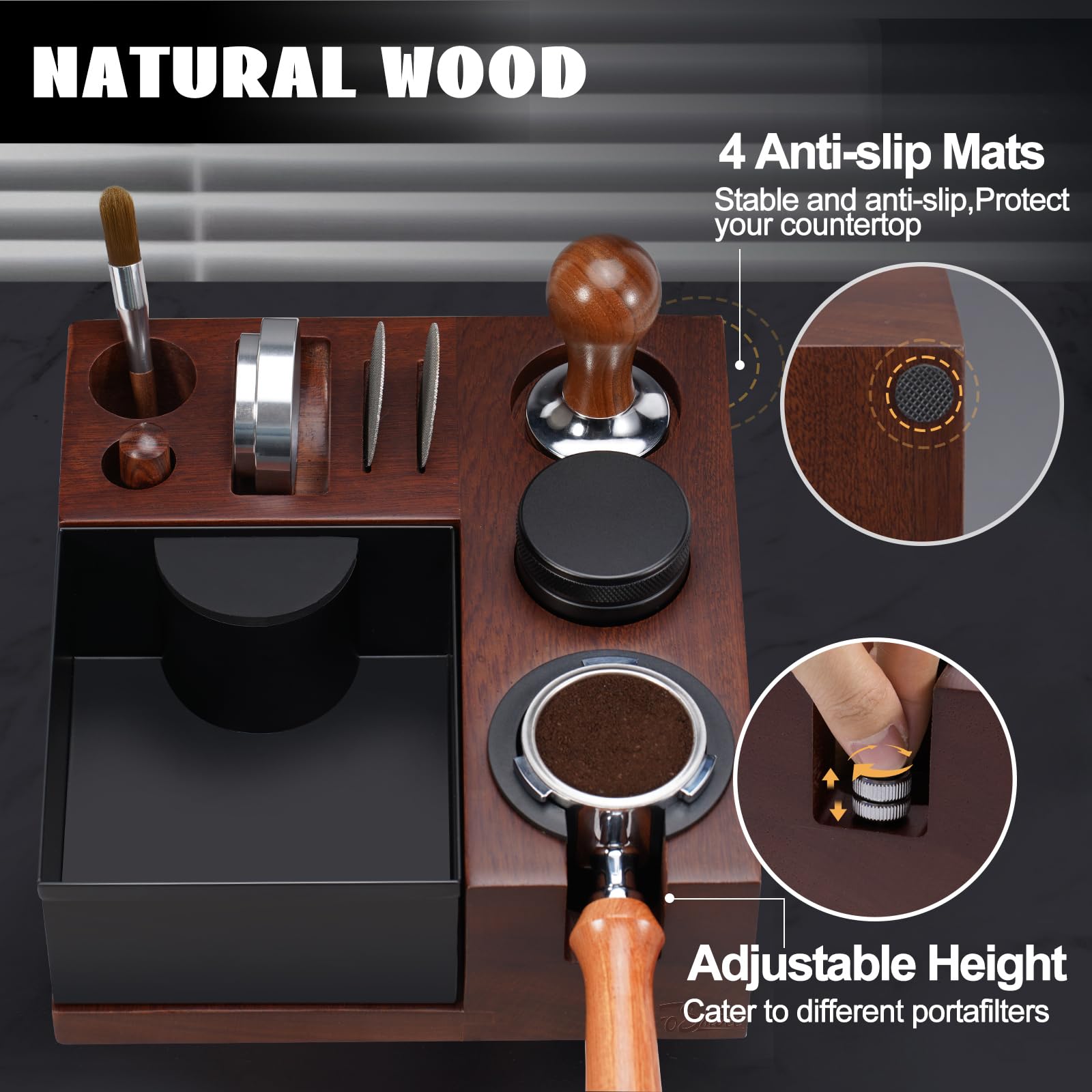 FOSINSEE Espresso Knock Box, Walnut Tamping Station, 9 in 1 Coffee Organizer Box Fit for 51mm 54mm 58mm, Coffee Distributor & Portafilter, Espresso Accessories Kit