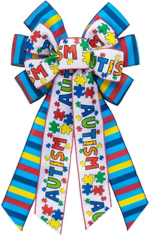 ABTOLS Large Autism Awareness Bows - Colorful Burlap Wreath Bow for Front Door Decor | Perfect for Fundraisers & Support Groups