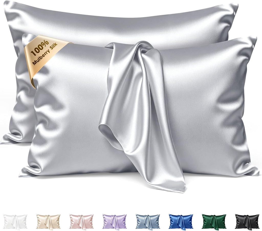 Skiennix Mulberry Silk Pillowcase Set - 2 Pack Queen Size 30x20 Inches | Soft, Breathable, Cooling, Grey