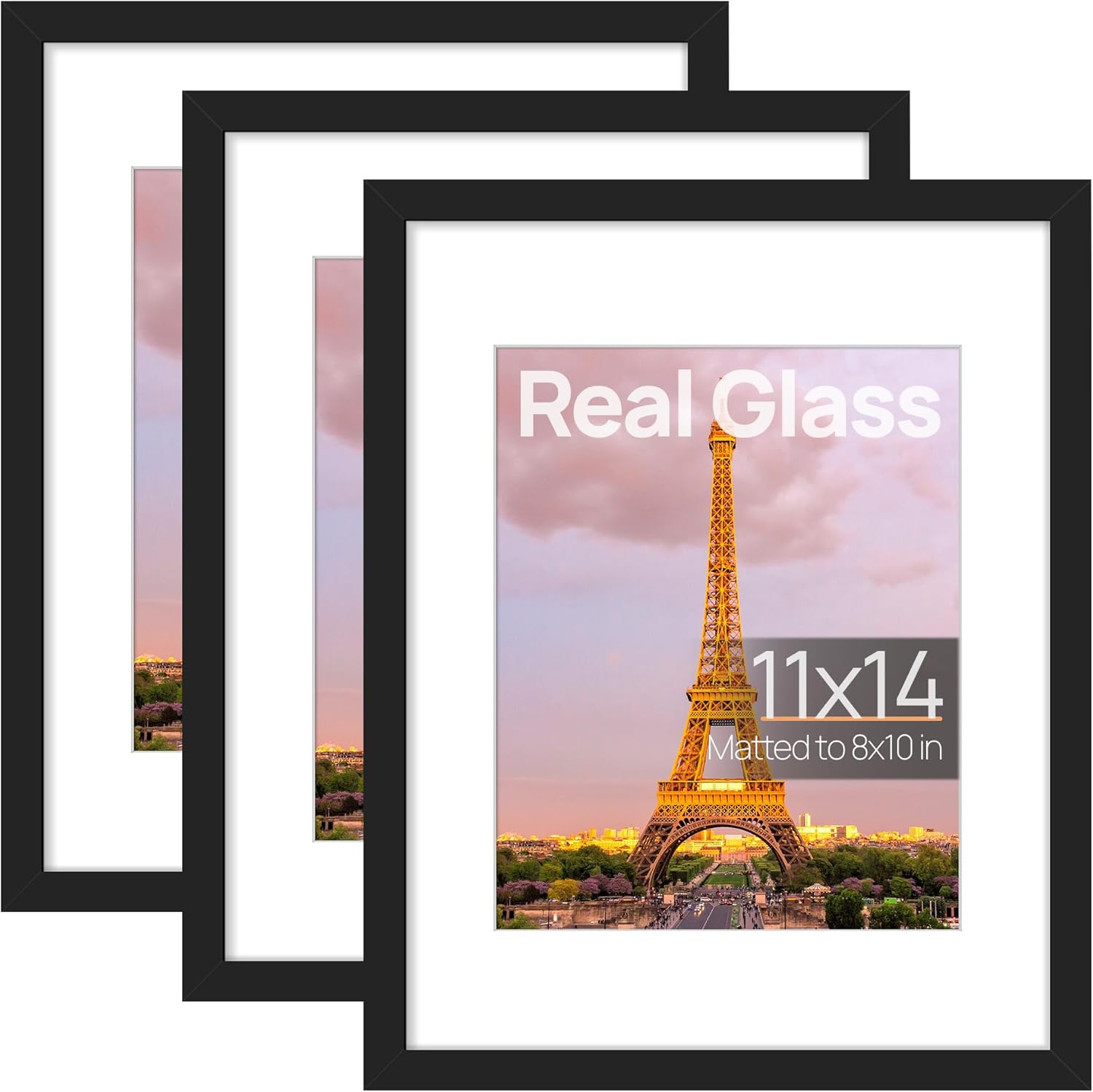 Upsimples 11x14 Picture Frame Set of 3 - High Definition Glass for 8x10 with Mat or 11x14 Without Mat | Black Wall & Tabletop Display