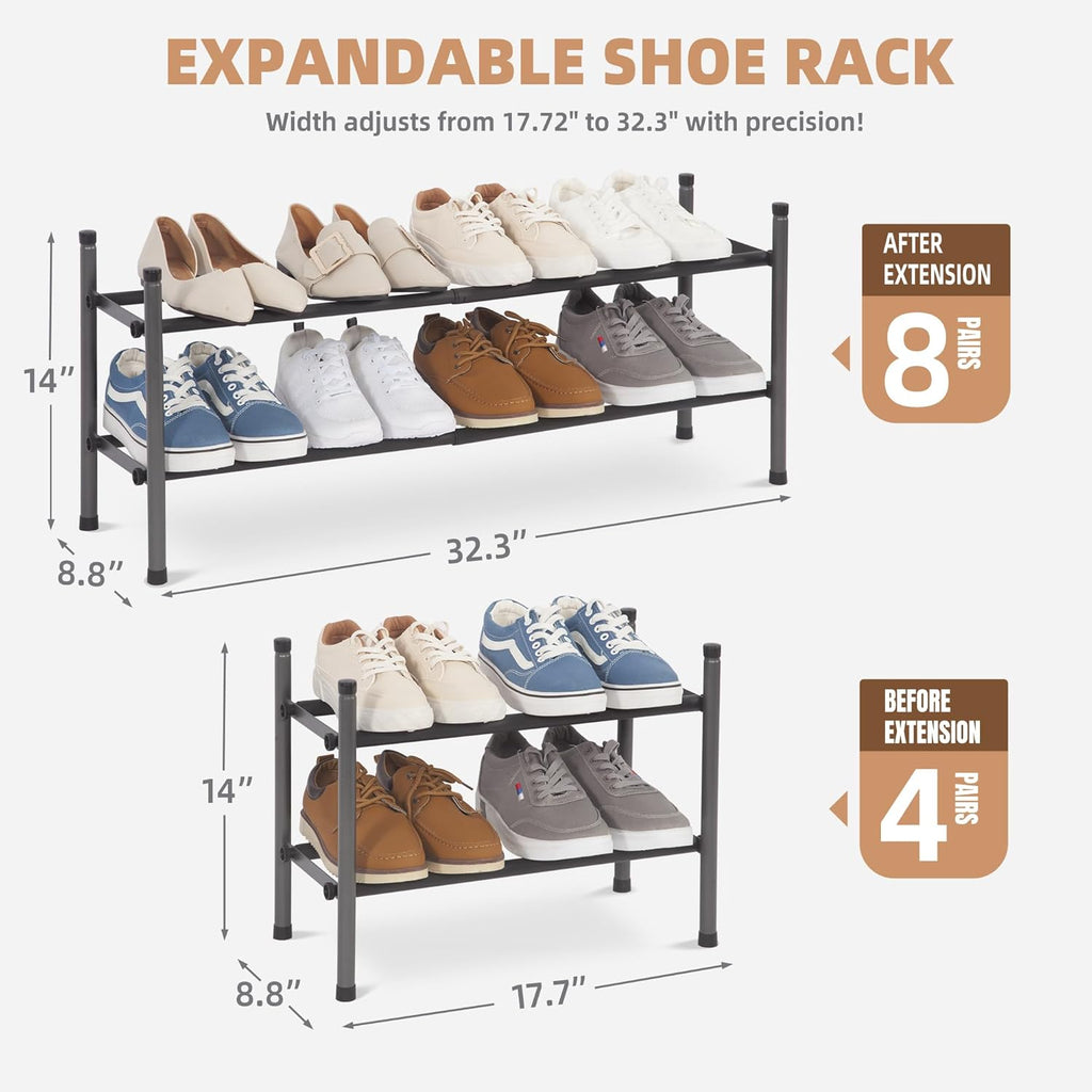 Storage Maniac Expandable Shoe Rack - 8 Pairs Stackable Metal Organizer for Closet & Entryway | Black 2 Tier