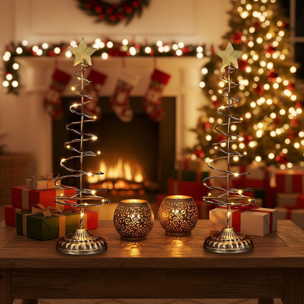 Skiennix Lighted Christmas Tree Table Decoration - Prelit Mini Xmas Tree with Golden Star | Battery Operated, Spiral Design