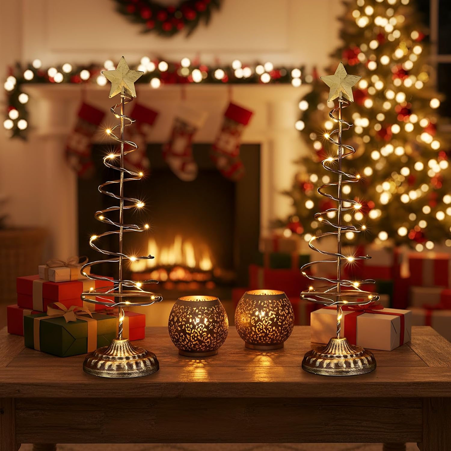 Skiennix Lighted Christmas Tree Table Decoration - Prelit Mini Xmas Tree with Golden Star | Battery Operated, Spiral Design