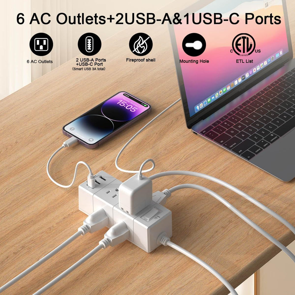 Tcstei 5Ft Outlet Extender Power Strip - Flat Plug Extension Cord with 6 Outlets & 3 USB Ports, White
