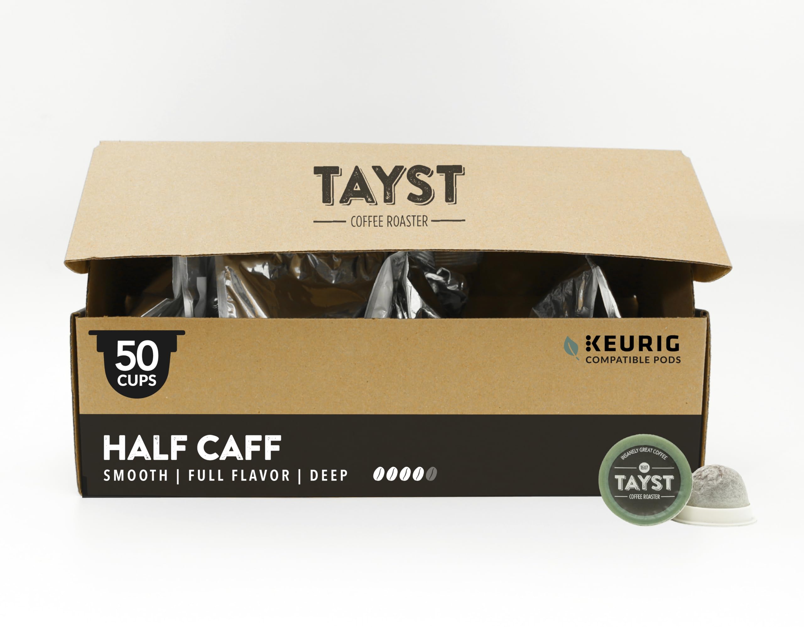 Tayst Coffee Pods, Half Caff Dark Roast, K Cups Compatible with Keurig Coffee Maker, Reduced Caffeine, Sustainable Single Serve, Pack of 50