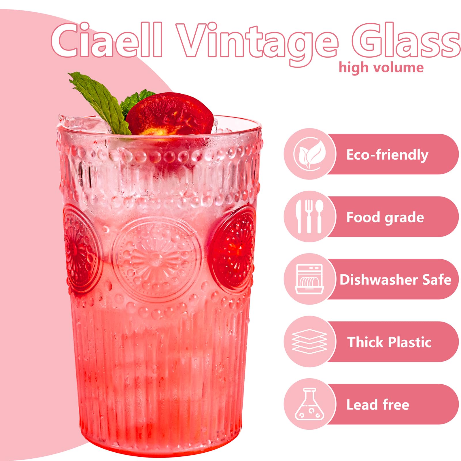 Ciaell 12 Pack Romantic Plastic Water Glasses - 14 Oz Pink Vintage Drinking Glasses, Embossed Ribbed Plastic Cups, Textured Striped Set for Juice, Beverages, Beer, Cocktail & Mother's Day