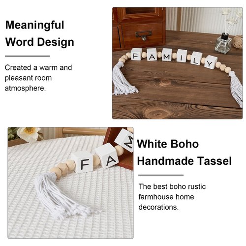 Family Letter Block Wood Bead Garland with Tassels, Farmhouse Decorative Beads, Modern Wooden Beads Garland for Tabletop, Tiered Tray, Mantel, Family Decor