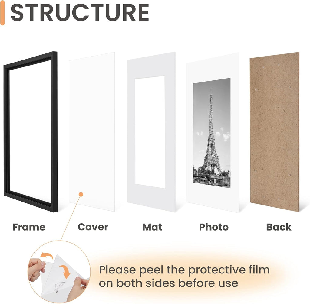 Upsimples A4 Picture Frame Set of 5 - Display 6x8 Photos with Mat or 8.3x11.7 Without | Black Wall Gallery Frames