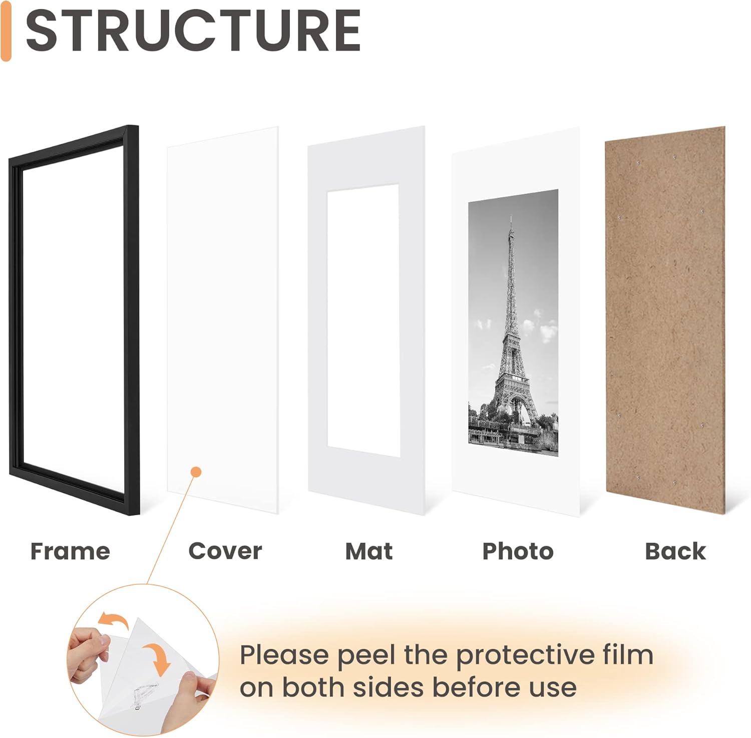 Upsimples A4 Picture Frame Set of 5 - Display 6x8 Photos with Mat or 8.3x11.7 Without | Black Wall Gallery Frames