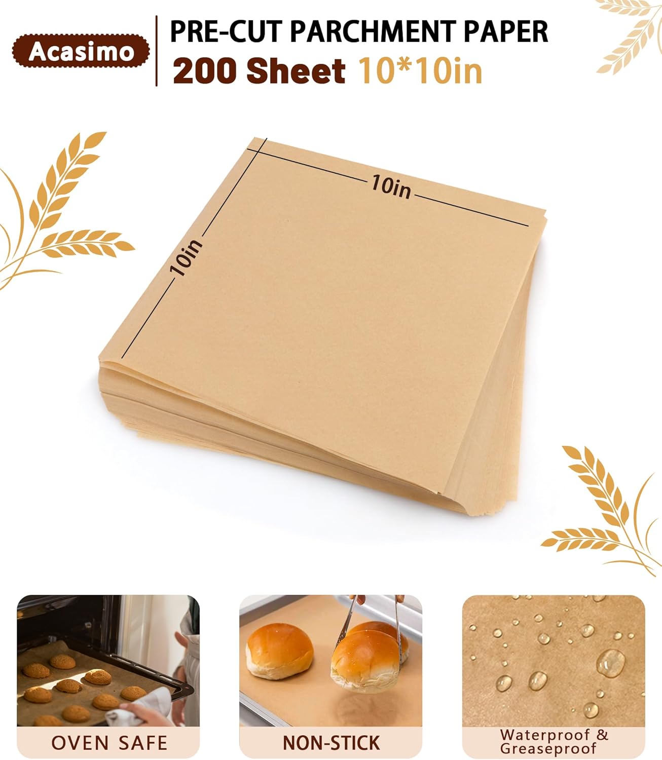 Parchment Paper Sheets by [Brand Name] - 200 Precut Non-Stick Squares for Baking & Cooking | 10x10 in Brown
