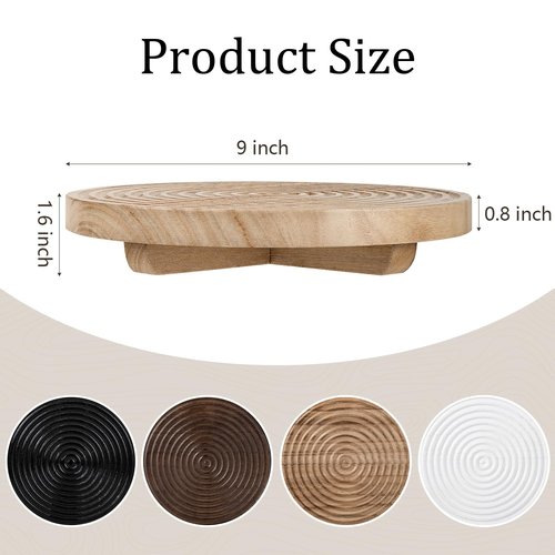 Round Decorative Tray Farmhouse Bathroom Decor Wood Riser Kitchen Countertop Organizer for Perfume, Candle, Plant, 9 inch Burlywood