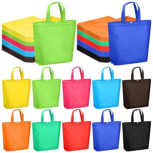 Paterr 100 Pcs Reusable Grocery Bags Bulk Shopping Tote with Handle Non Woven Portable Foldable Tote Bag Gift with Button(Medium,Plain,Multicolor)