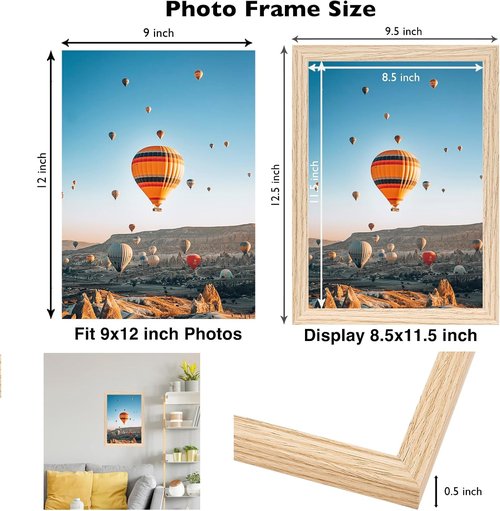 JCJMY 9x12 Picture Frame - Shatter Resistant Plexiglass for Wall Mounting | Natural Finish, Horizontal or Vertical Display