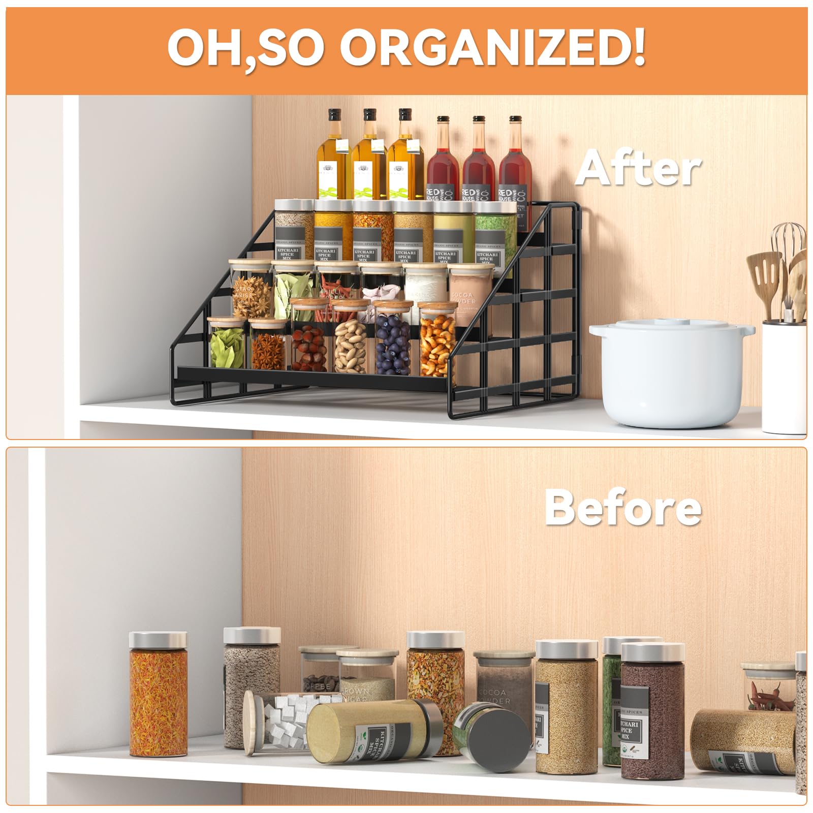 Bunoxea Spice Rack 4 Tier Kitchen Cabinet Organizer,Countertop Spice Rack,Tier Depth Adjustable Cabinet Shelf,Step Spice Organization Easy Visibility,Holds Seasoning and Condiments