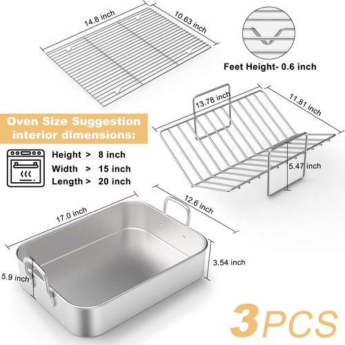 EWFEN Roasting Pan,17*13'' Stainless Steel Turkey Roaster with Rack - Deep Broiling Pan & V-shaped Rack & Flat Rack,Non-toxic & Heavy Duty,Great for Thanksgiving Christmas Roast Chicken Meat Lasagna