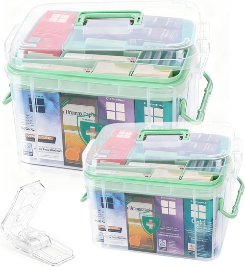 Clear Medicine Organizer by [Brand Name] - 2 Pack Plastic Storage Box for Home & Travel