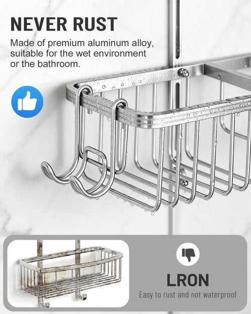 MSAICOE Adjustable Shower Caddy Hanging for Handheld Showerheads - Upgraded Never Rust Shower Hanging Organizer, Bathroom Shower Rack with Soap Basket, Hooks and Toothbrush Holder (Shiny Silver)