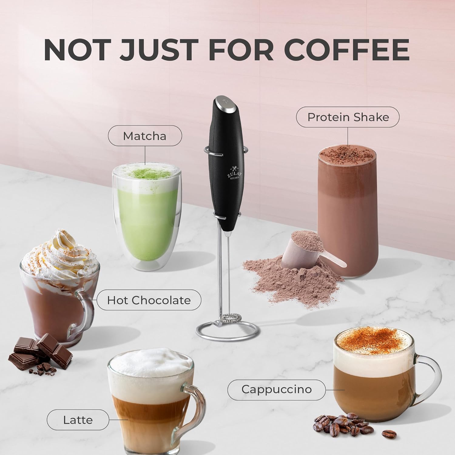 Zulay Kitchen Milk Frother Wand - Ultra-Fast Handheld Electric Whisk for Coffee, Lattes & More - Metallic Black