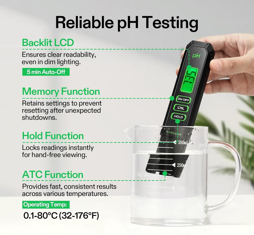 VIVOSUN Digital pH Meter - 3-in-1 TDS, EC & Temperature Tester for Home, Garden & Hydroponics
