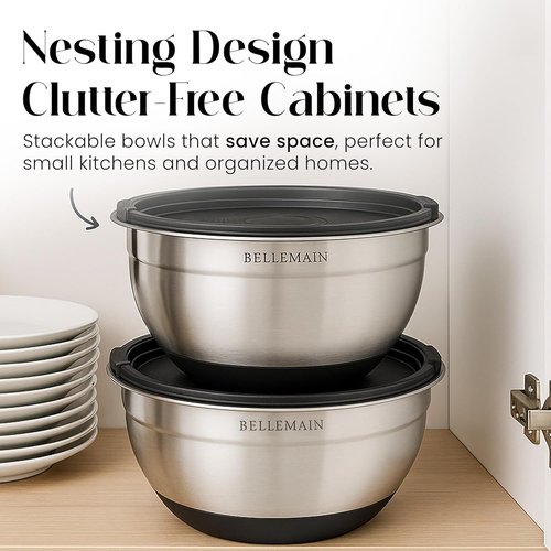Bellemain Mixing Bowls Set - Stainless Steel Bowls with Airtight Lids | 3-Piece Food Storage Containers