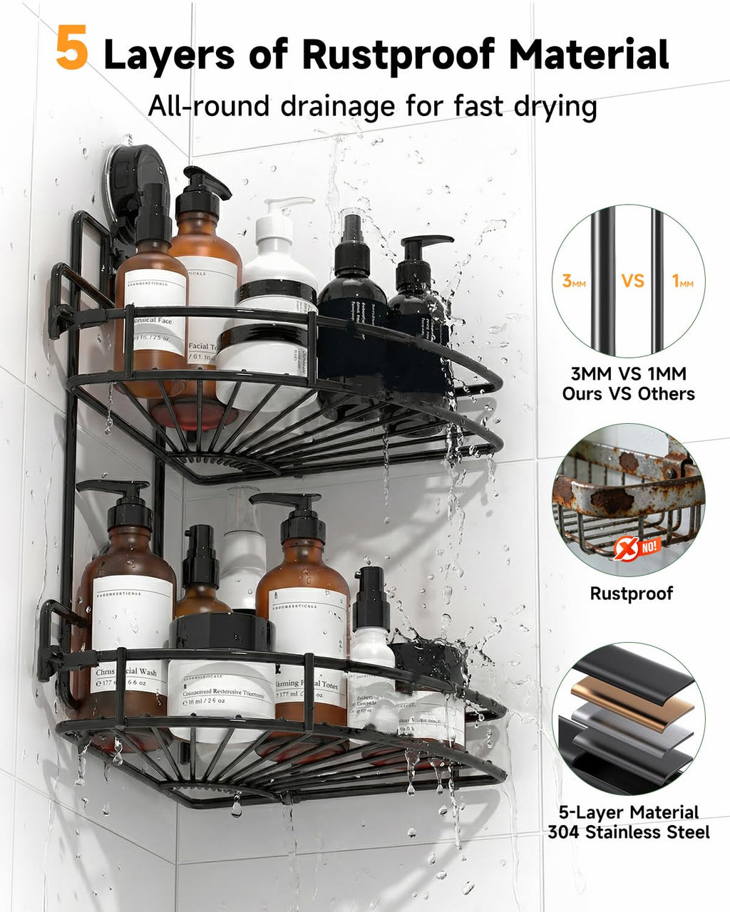 BANGMANG Shower Caddy Suction Cup, 2 Pack Suction Shower Shelf, NO-Drilling Bathroom Holder, Rustproof Bathroom Organizer for 90° Wall Corner, Black