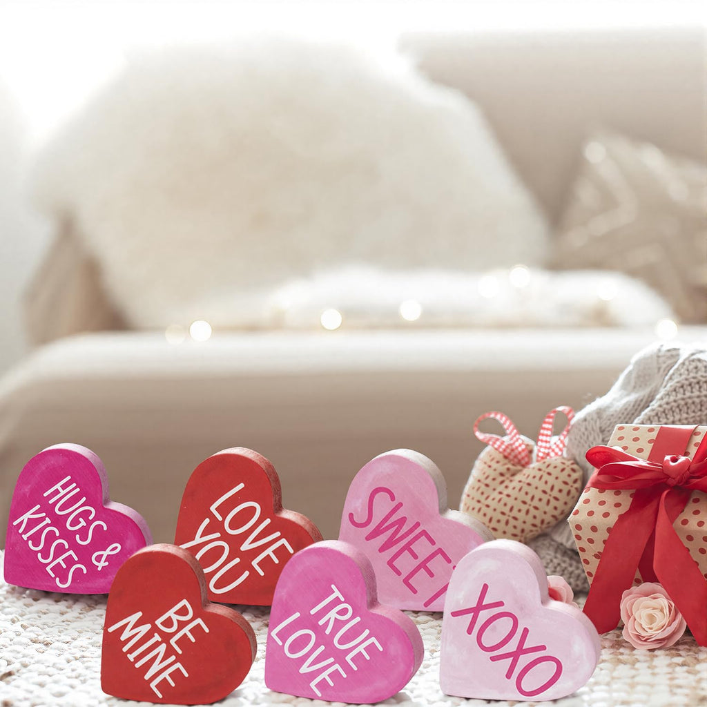 Smile Valentine's Day Heart - Shaped Wooden Block Decor, Be Mine XOXO Sweet & More Love Phrases, Valentine Indoor Decoration
