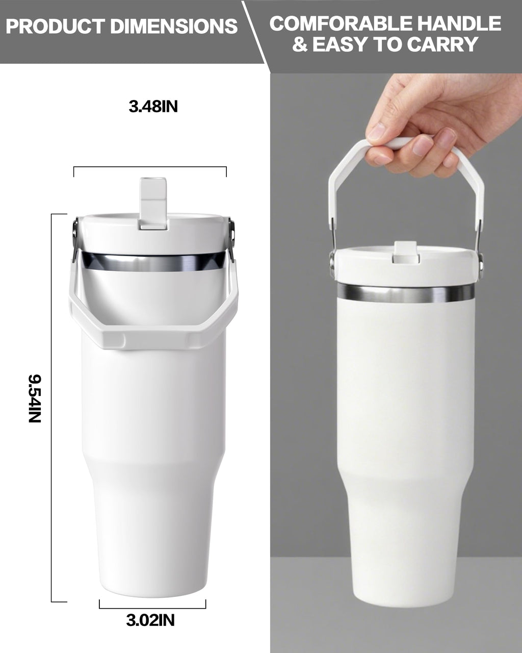ZREGGUR 30 oz sublimation Blank Tumbler with Handle and Flip Straw, Stainless Steel Vacuum Insulated Water Bottle Travel Mug Thermal Cup for Home, Office, Car, Outdoors, Sports (white-10p)