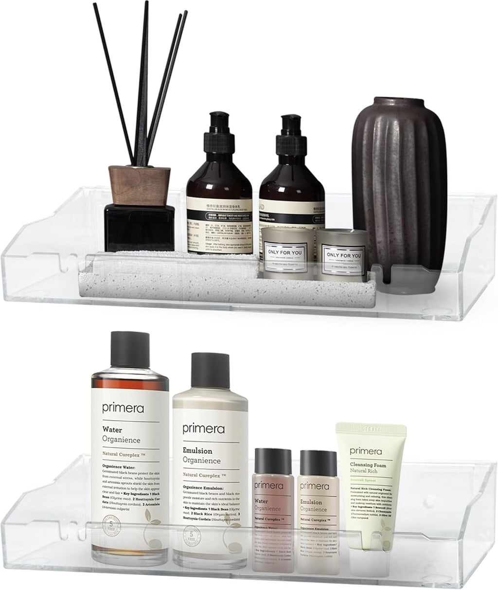 Skiennix Acrylic Wall Shelves - Clear Floating Shelf for Bathroom & Living Room | Easy Adhesive or Screw Installation
