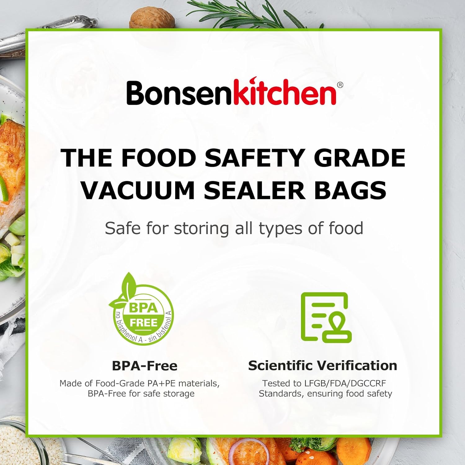 Bonsenkitchen Vacuum Sealer Bags - Heavy Duty 8" x 50' Rolls | BPA-Free Food Storage & Sous Vide Cooking