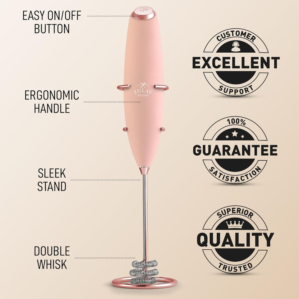 Zulay Kitchen Tornado Triple Whisk Milk Frother - Handheld Foam Maker for Coffee & Lattes - Rose Peach
