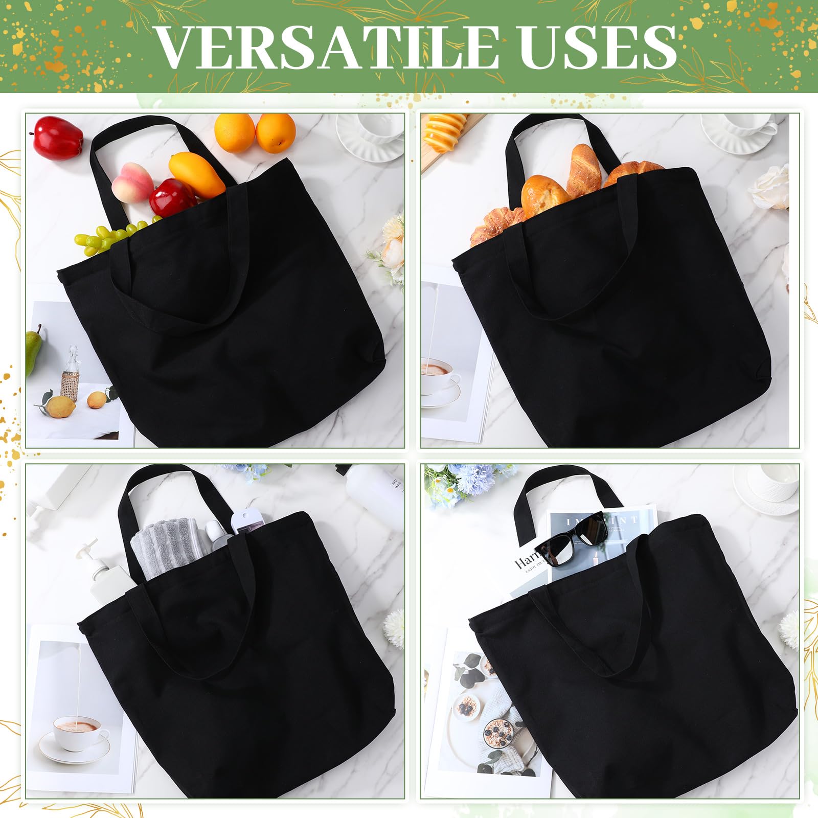 Silkfly 20 Pcs Extra Large Canvas Tote Bags Bulk 19.7x15.8'' Blank Cotton Canvas Bag with Zipper Handles Reusable Plain Grocery Makeup Handbag for DIY (Black)