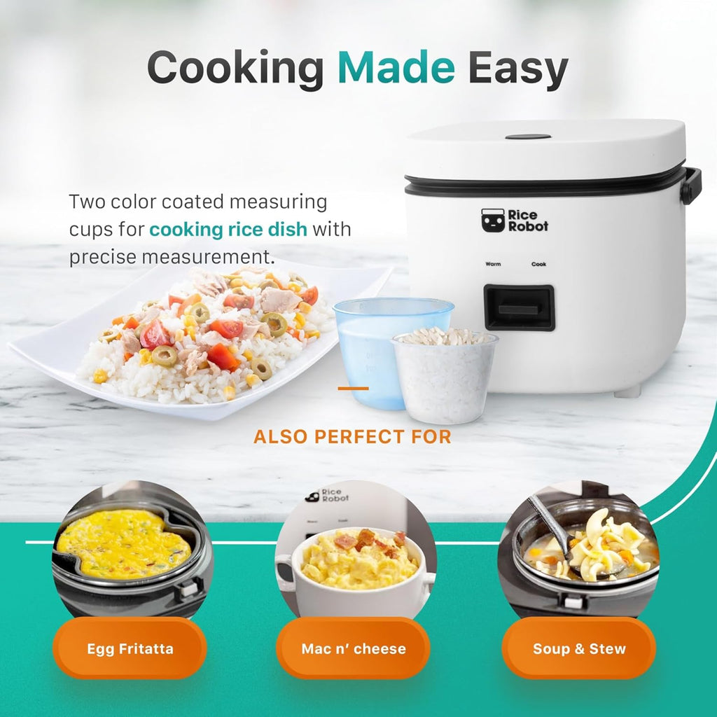 Rice Robot Rice Cooker - Family Size 4 Cup Uncooked (8 Cups Cooked) | PFAS-Free Ceramic Nonstick with Steamer Tray