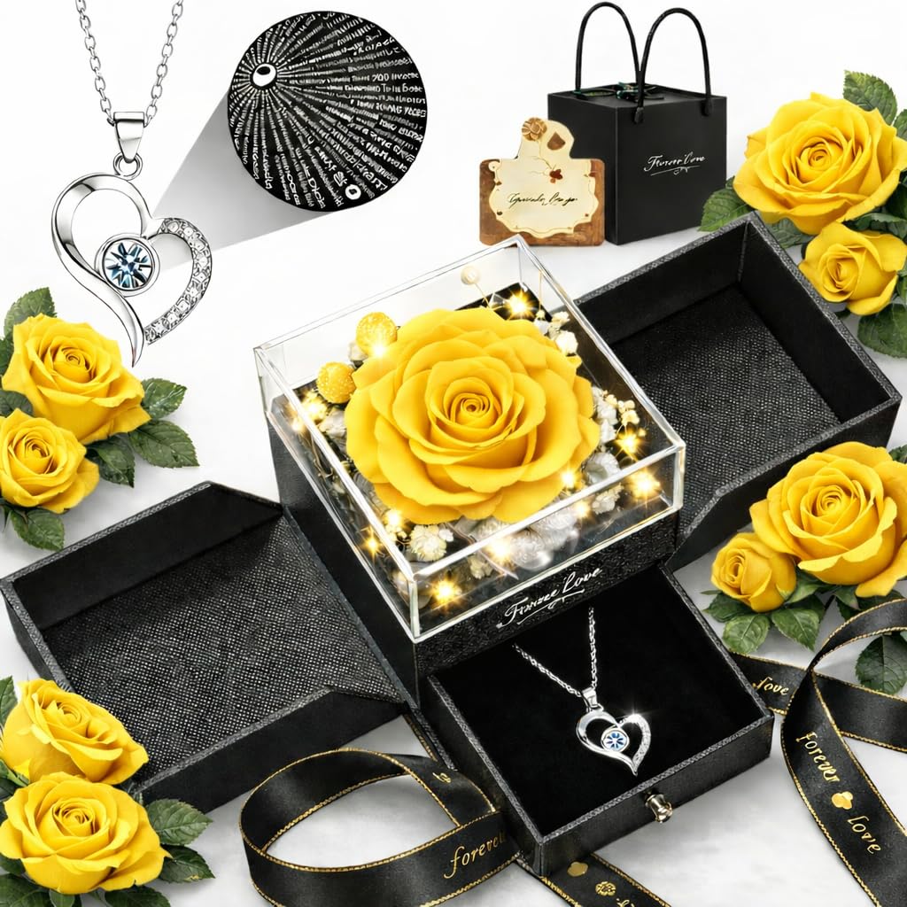cdco Preserved Real Rose with Heart Necklace – “I Love You” in 100 Languages, Forever Romantic Anniversary Valentines Day Gifts for Her, Women, Wife, Girlfriend