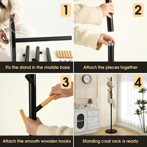 A&M Coat Rack Freestanding with 6 Wooden Hooks & Marble Base - 18 lbs Metal Coat Tree Stand for Hanging Clothes, Hats, Bags, & Jackets - Heavy Duty Purse Rack Stand for Entryway, Bedroom & Office