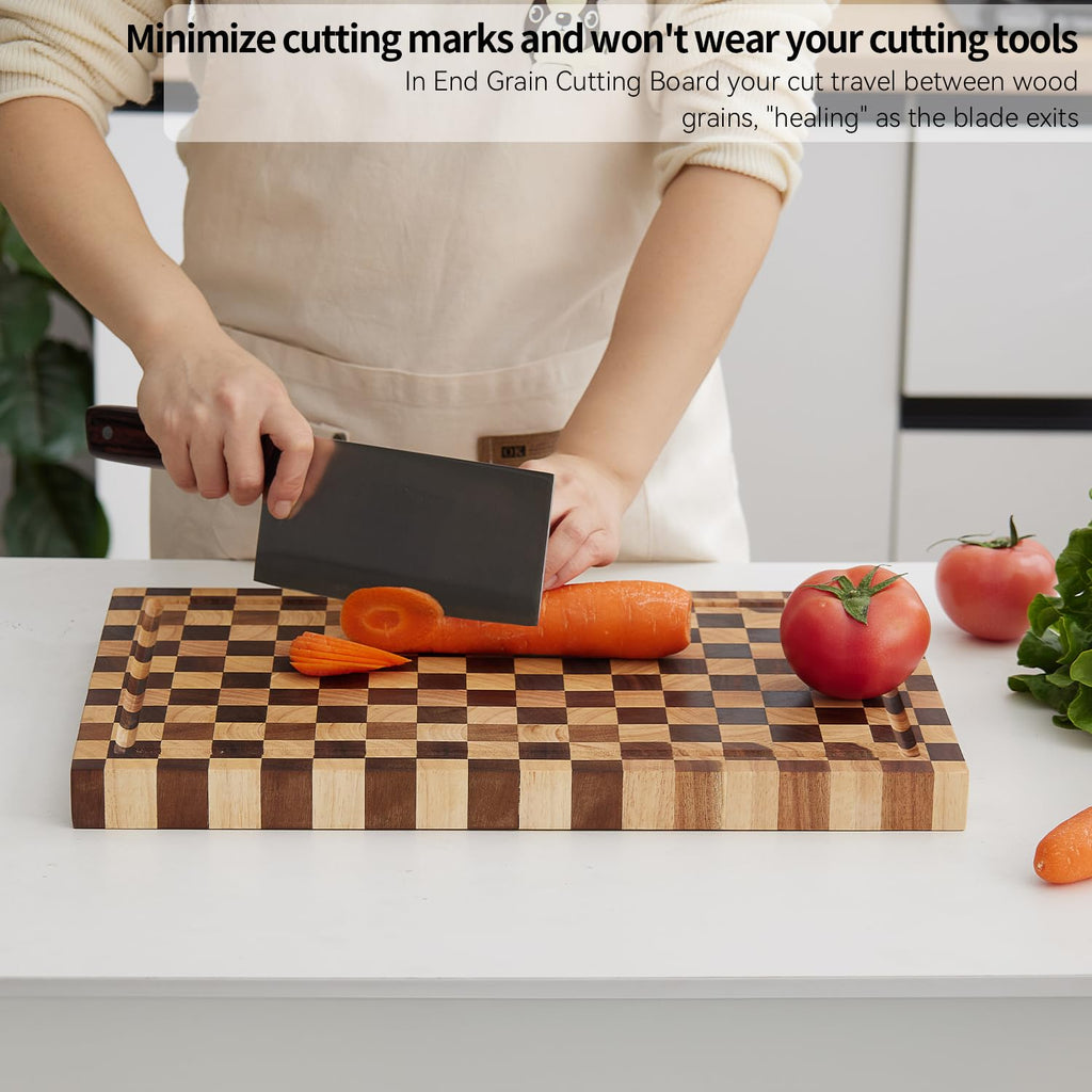 Cookaholic Acacia Wood Cutting Board (17x11x1.2'') Inch, Butcher Block for Kitchen, Premium Acacia Cutting Board with Juice Groove, End Grain Made of Sustainable Acacia Wood