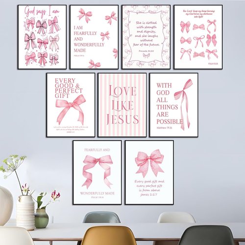 Coquette Pink Bow Wall Art - Inspirational Bible Verses Canvas Prints | 12x16in Unframed Decor for Teen Girls