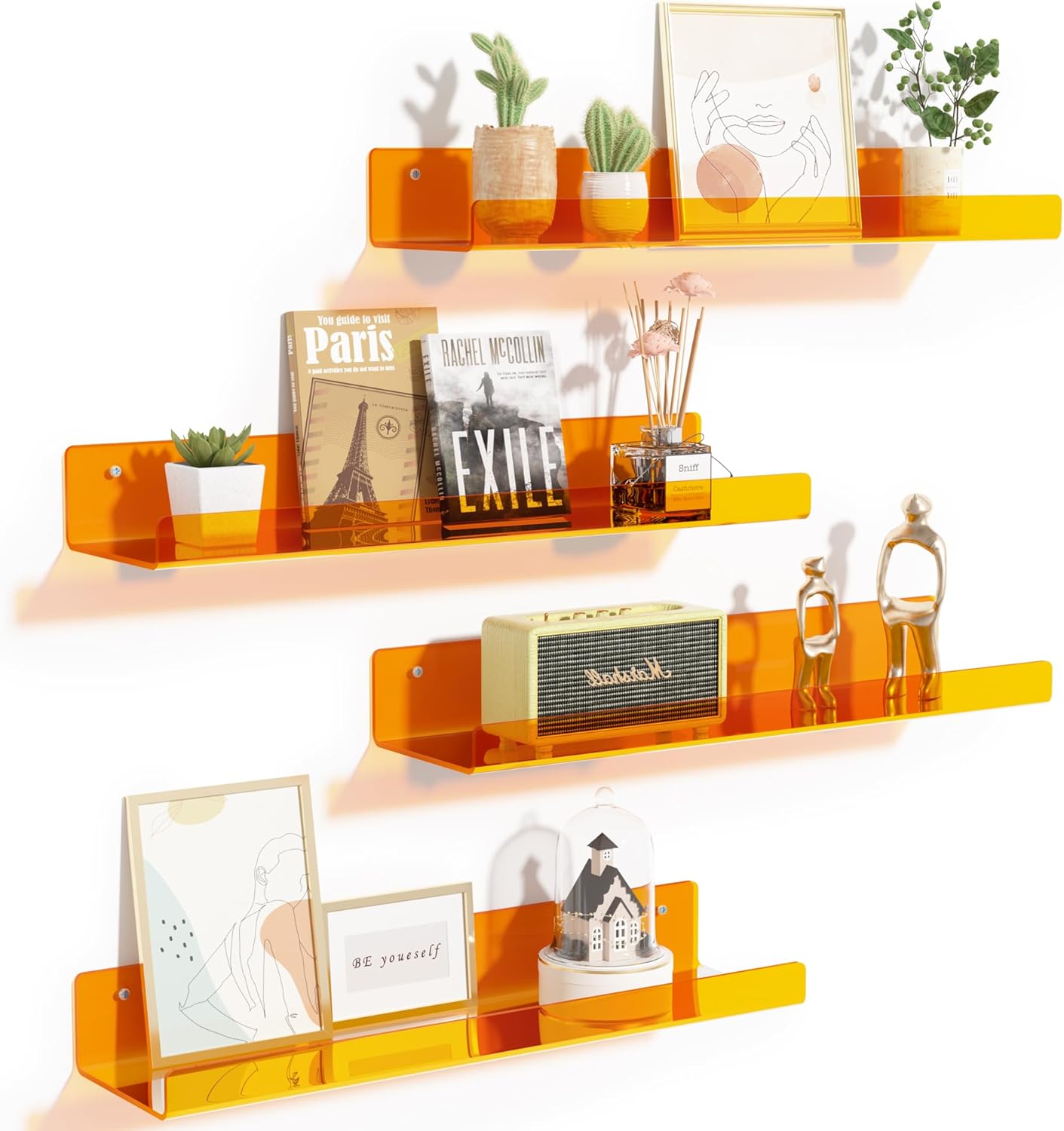 Upsimples Acrylic Wall Shelves - 15" Floating Display Shelf Set for Perfume & Books | Clear Orange, 4 Pack