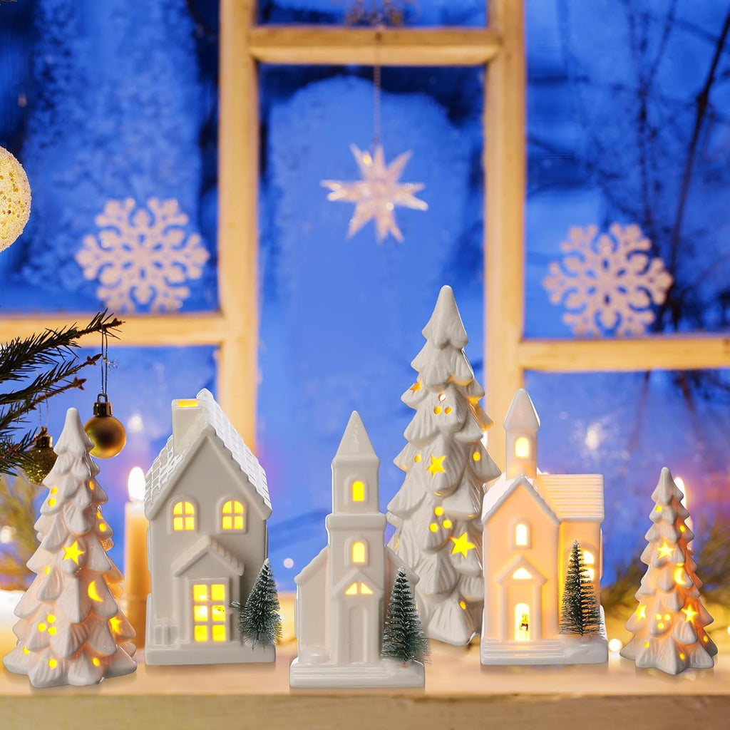 Nuogo Light Up Ceramic Christmas Trees Set - 6 Pcs White Porcelain with LED Lights & Glitter Snow for Holiday Decor